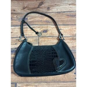 VTG BRIGHTON Black Leather Handbag Silver Heart Trim Detail
